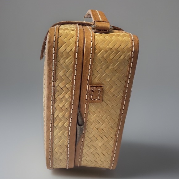Vintage Woven Bamboo Vanity Case Leather Trim Retro Travel Makeup Bag 6x6 - Picture 4 of 10